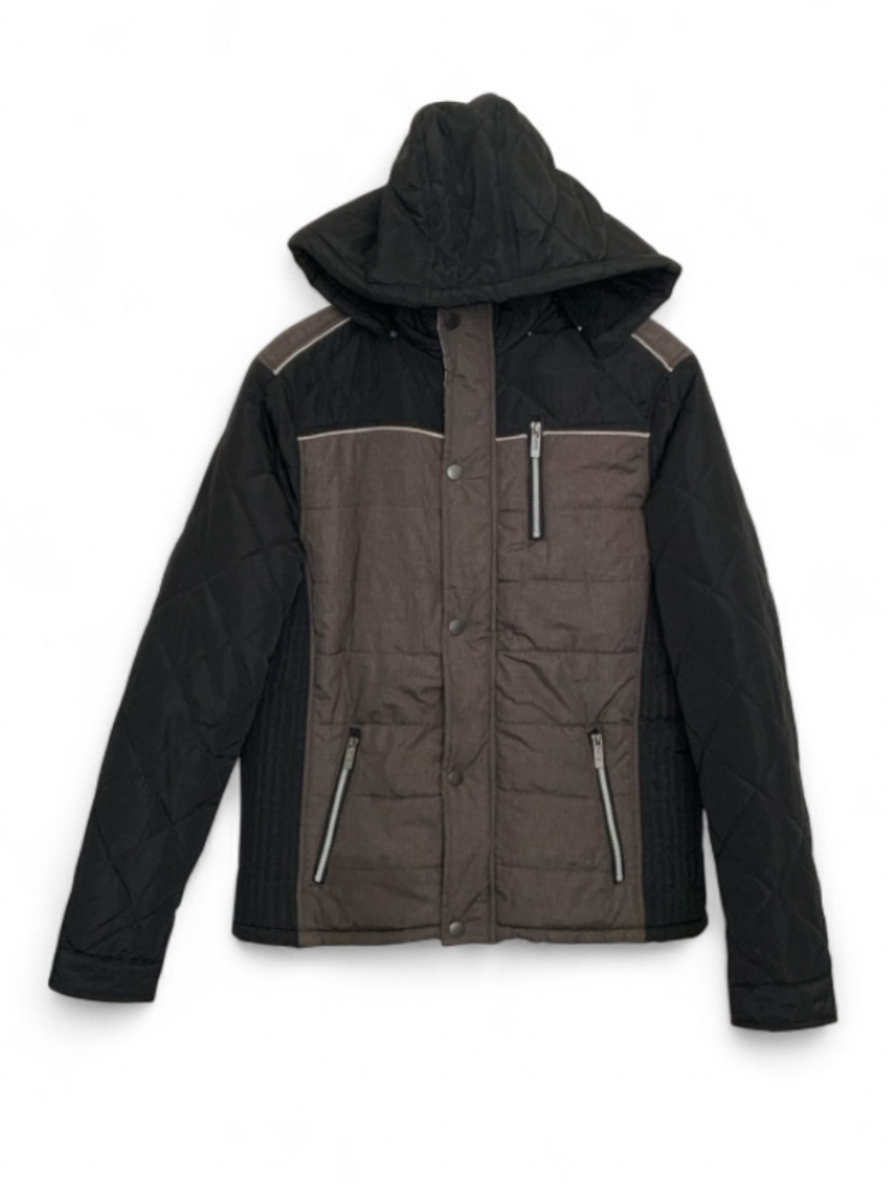 Men's Quilted Hooded Puffer Jacket in Black and Brown